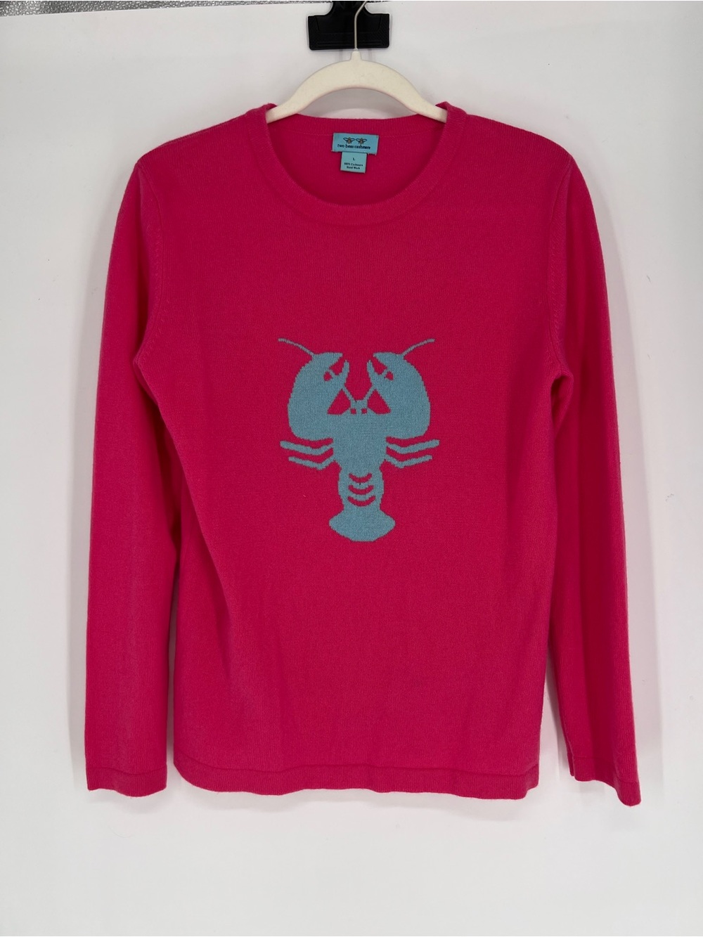 Two Bees 100% Cashmere Pink Blue Lobster Crew Neck Nautical Knit Sweater L